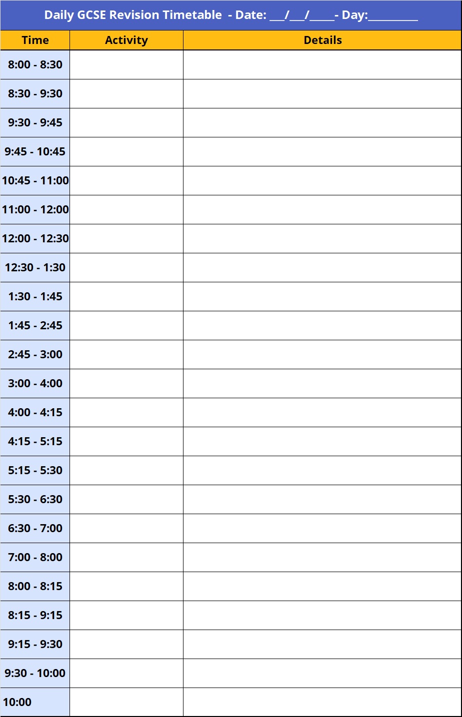 Daily revision timetable template