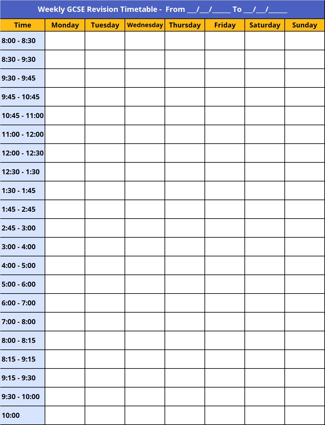 Weekly revision timetable template